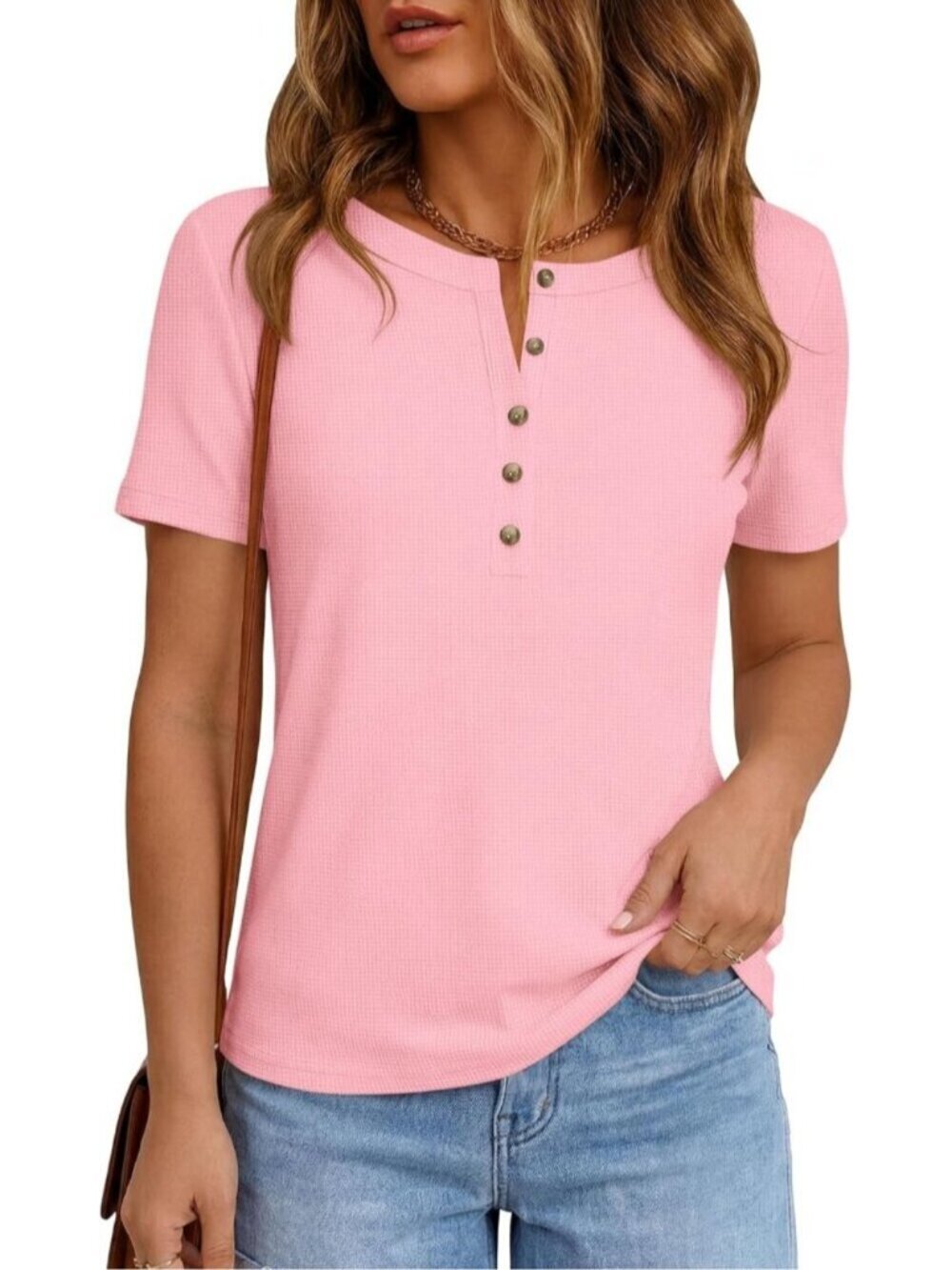 〽️Women's Light Pink Short Sleeve Henley Shirts Summer Blouses Dressy Casual